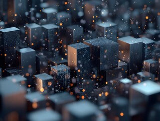 Futuristic digital metropolis of glowing data blocks and bokeh