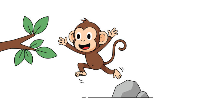 A cheerful monkey leaps from a tree branch to a rock in this fun illustration