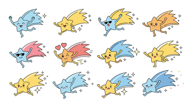 Cute kawaii style running shooting stars with happy expressions and sparkle effects