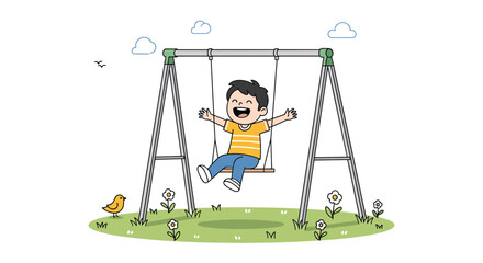 Joyful young boy enthusiastically swinging high on a park playground equipment enjoying outdoor recreational fun