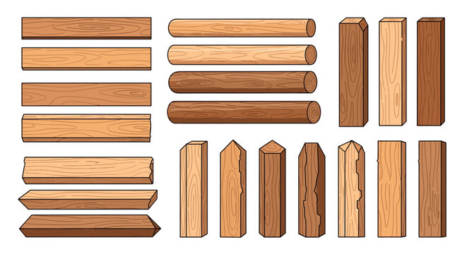 Collection of wooden dowel rods and pegs with various wood textures and grain patterns