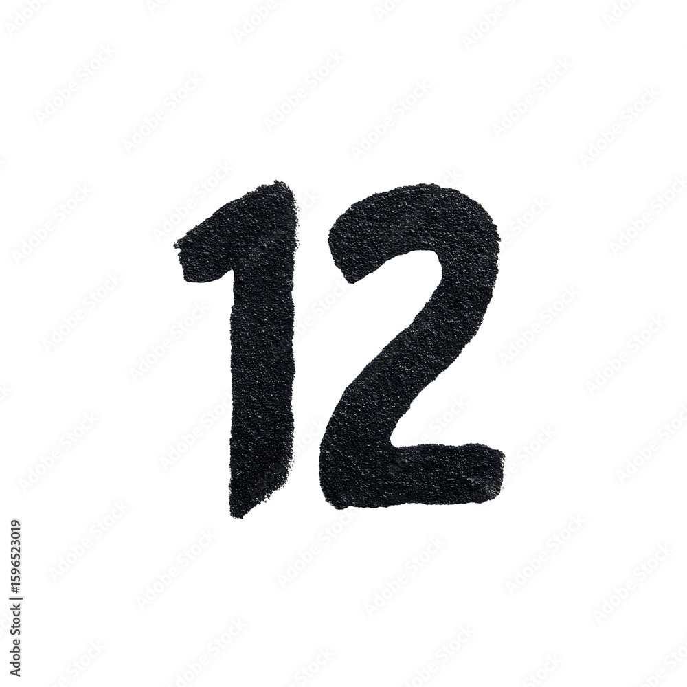 Poster bold black handwritten number twelve on white background for countdown and time representation