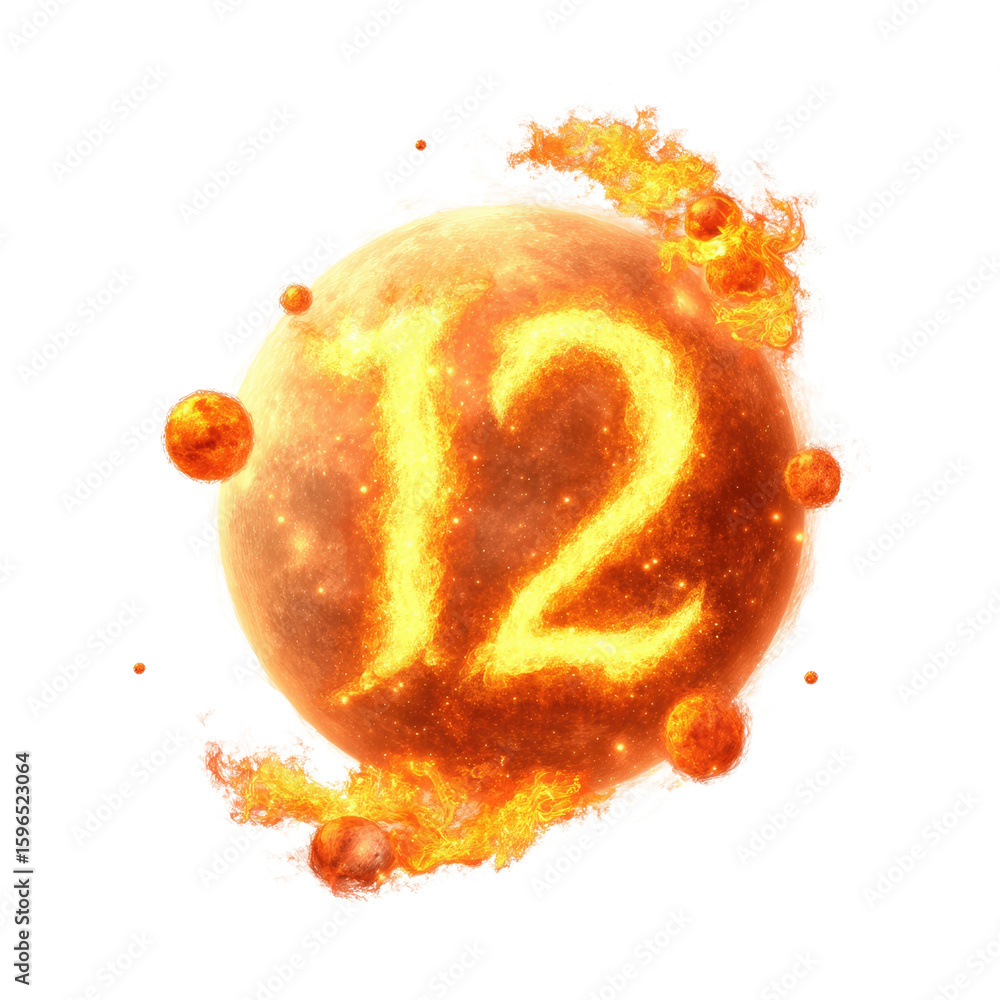 Poster fiery celestial body with the number twelve surrounded by planets and flames in an artistic represen