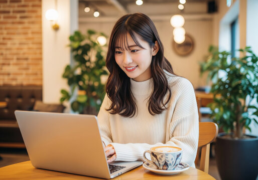 カフェで、笑顔で楽しくパソコン作業をする白いセーターを着た女性