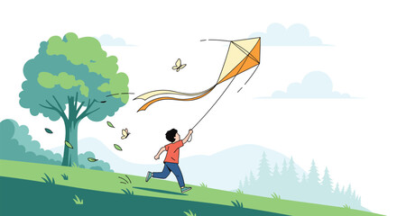 Young boy runs across green grassy hill flying a colorful kite on a windy day