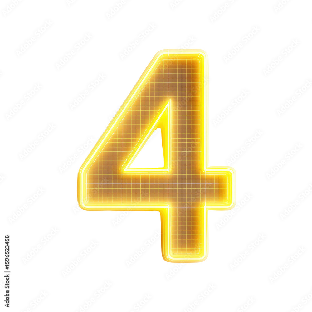 Poster bright neon number four with grid pattern on black background for artistic and creative projects
