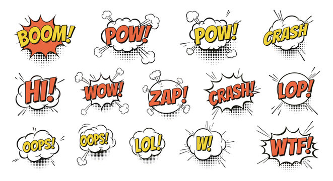 Vibrant comic book sound effect word bubbles for dynamic action sequences and energetic visual storytelling