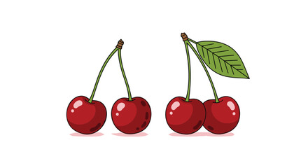 Obraz premium Two pairs of vibrant red cherries with stems and leaves isolated on a white background