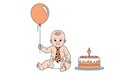 Happy first birthday celebration with cute baby balloon and cake
