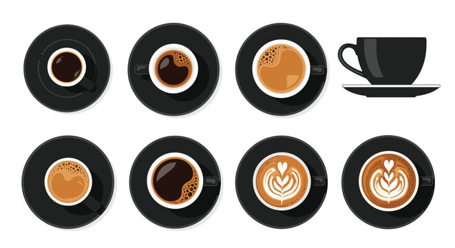 Collection of delicious coffee drinks served in black cups and saucers on a white background