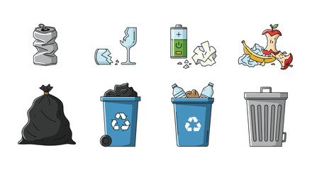 Collection of pixel art icons representing various types of waste and recycling bins for environmental awareness campaigns