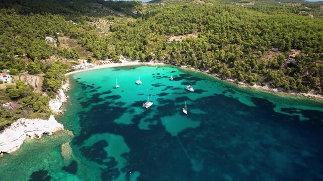 Greece , Sporades. Alonissos island and most beautiful beach - Milia and Chrisi Milia with turquoise sea. aerial drone 4k hd video, greek summer destination