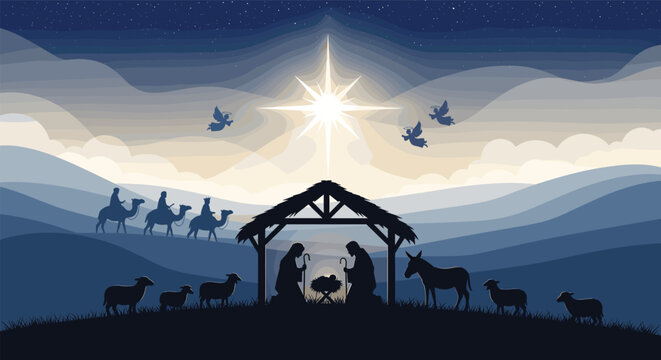 The nativity scene under a shining star with wise men and angels watching over