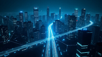 A futuristic city at night with illuminated highways and connected skyscrapers, glowing in blue.