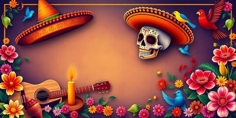 Vibrant Dia de los Muertos banner with sugar skulls, sombrero, guitar, maracas, candles, flowers, and birds,  traditional,  flowers
