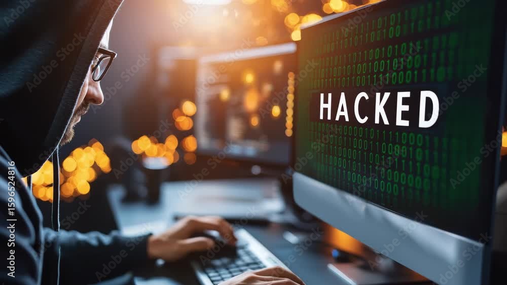 Poster hacker in hood computer screen hacking and cybersecurity insights