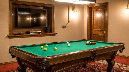 A well-lit basement game room with a professional-grade pool table in the center.