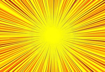 Bright yellow sunburst comic book background with radial lines and halftone dots, abstract, boom