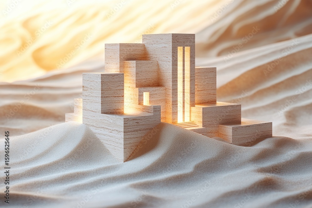 Poster a minimalist wooden structure glows softly in a desert landscape, creating a serene and tranquil sce