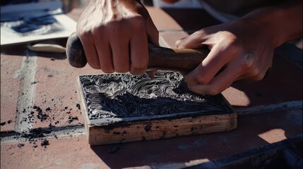 Intricate woodblock carving in progress.