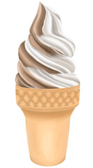 a  swirl of chocolate and vanilla soft-serve ice cream. Two tone ice cream flavors are distinctly intertwined, rise from a light brown waffle cone, with a prominent crisscross pattern at cone’s rim, 