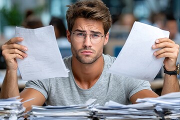 an office worker holding up several white paper clouds in front of his face