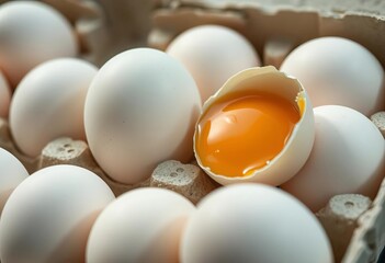 Close-up of raw organic chicken eggs in carton, one cracked revealing rich yolk,   rustic,  poultry