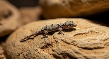 Obraz premium Juvenile Leopard Gecko on Textured Rock Surface, Close-Up Detail