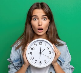 A woman holding up an oversized clock, looking at the time with a worried expression against a green background.