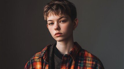 Fototapeta premium teen with short hair and stylish neutral-gender fashion, minimal yet edgy look, serious facial expression, soft studio lighting, diversity and individuality photography 