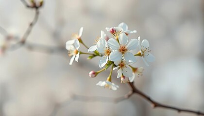 Delicate white blossoms on soft, blurred background, backdrop, design