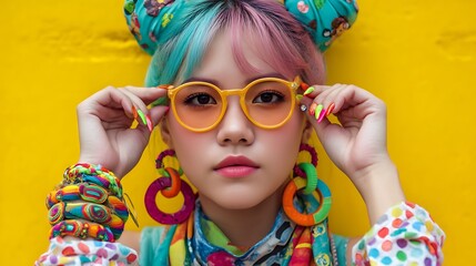 teen with unique fashion accessories like chunky jewelry, layered scarves, and colorful nail art, posing playfully, bright background, self-expression youth photography 