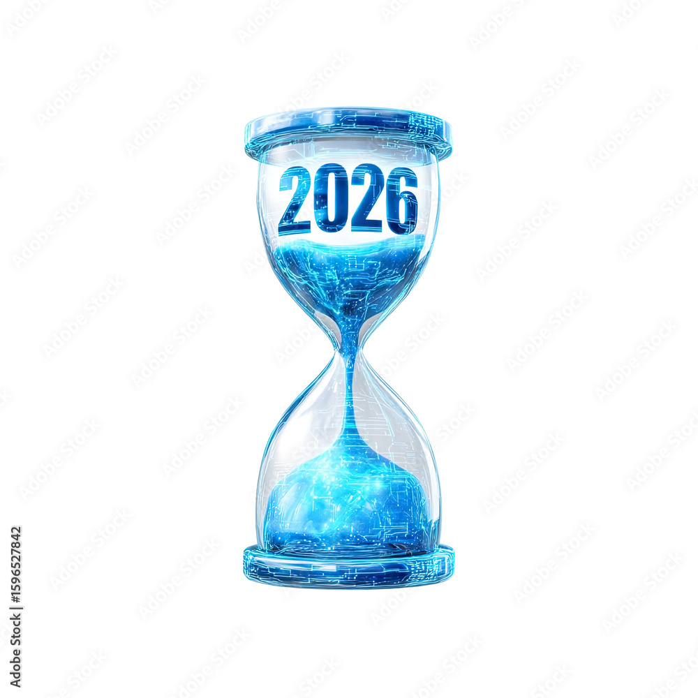 Poster futuristic hourglass design symbolizing time and progress leading to the year 2026 with digital and 