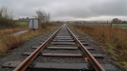 Fototapeta premium A lone railway track stretches into a misty, rural landscape under a gray sky. Overgrown vegetation borders the tracks, suggesting disuse