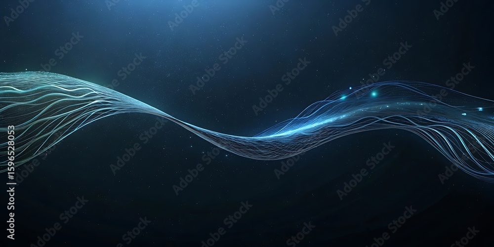 Poster a flowing wave of glowing blue particles creating an abstract digital art background.