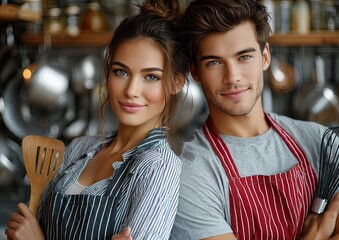 couple in aprons holding cooking utensils, standing back to each other with kitchen background.