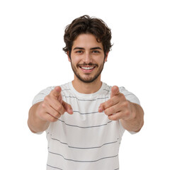 Engaging Young Man Pointing Fingers at Viewer and Smiling Confidently on Isolated transparent background
