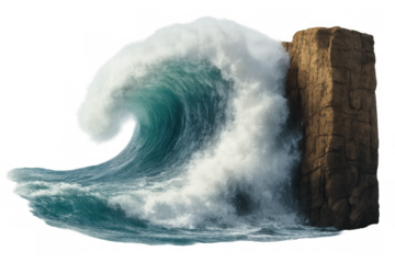 Powerful ocean wave breaking against rocky surface, white spray exploding with intense marine energy, isolated