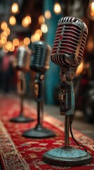 Vintage microphones lined up on a decorative rug in a cozy performance space with warm lighting