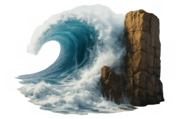 Massive ocean wave breaking against rocky coastline, isolated on transparent background, ideal for digital compositing