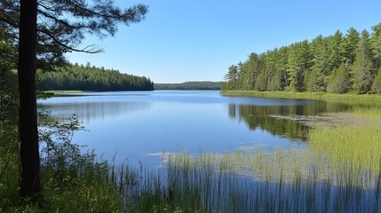 Serene lake nestled amidst lush greenery under a clear blue sky, reflecting the tranquil surroundings