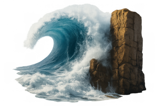 Massive ocean wave breaking against rocky coastline, isolated on transparent background, ideal for digital compositing
