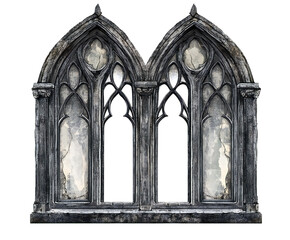 Ornate gothic window, a vintage architectural element rendered in detailed grayscale illustration, presented on transparent background
