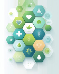 Seamless Pastel-To-Teal Hexagon Pattern with Embossed Health Icons on Clean Gradient