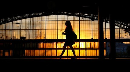 Silhouette of a person walking in a train station at sunset.