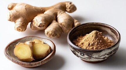 Fresh and Ground Ginger Root in Bowls on White Background