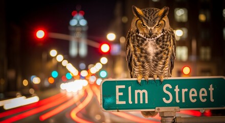 Majestic Owl Perched on Elm Street Sign at Night, City Lights Blur
