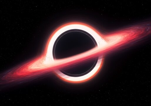 A supermassive black hole's accretion disk glows intensely, showcasing its immense gravitational pull and surrounding swirling matter. - Powered by Adobe