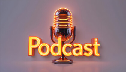 Retro Microphone with Glowing Podcast Sign for Audio Recording