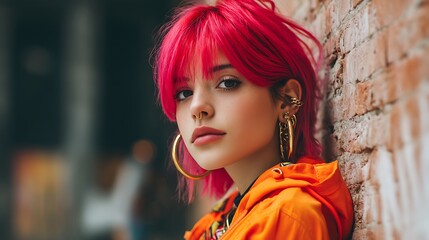 teen with bright neon hair color, stylish haircut, wearing bold colorful clothes, looking confidently at camera, urban background, diverse youth expression photography 